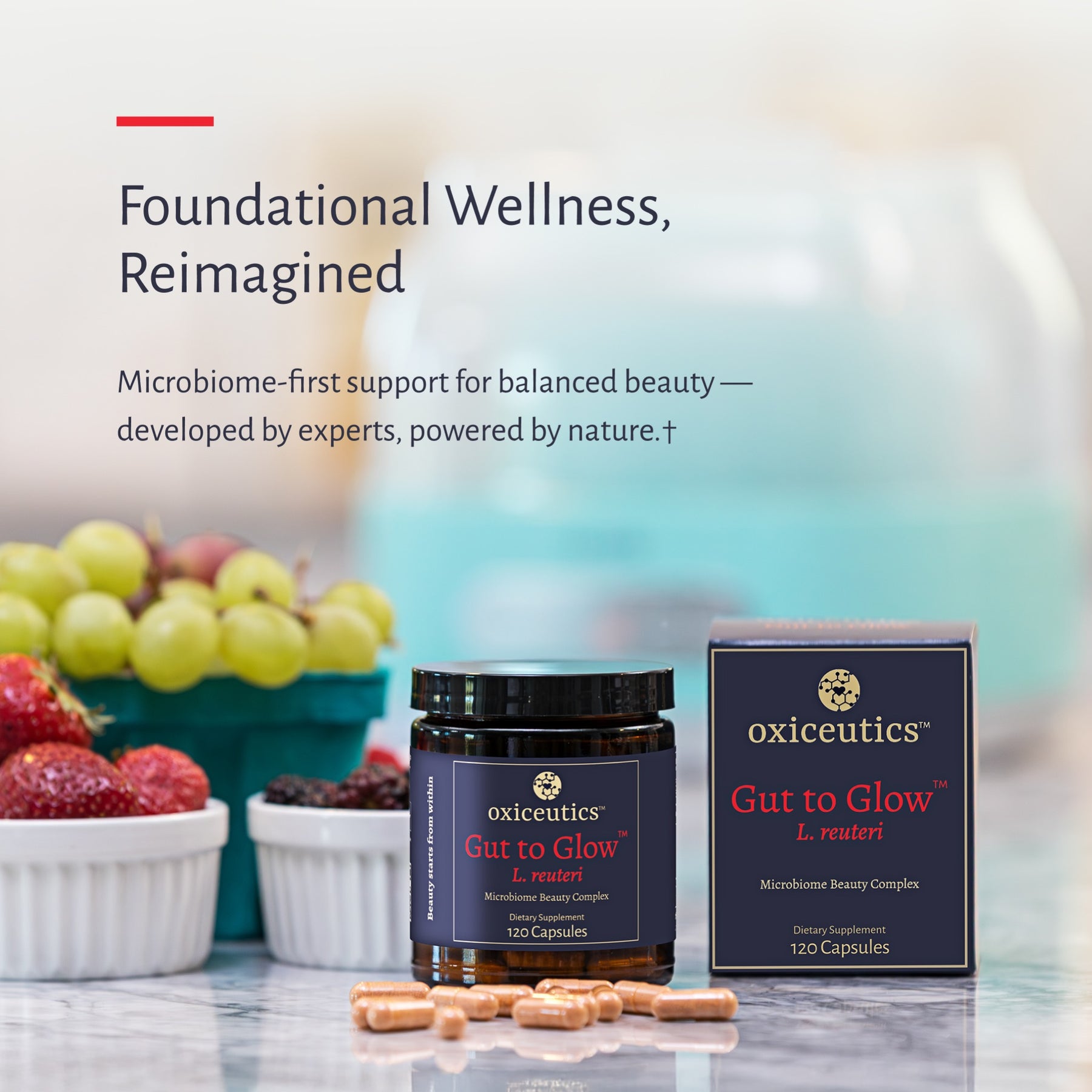 Gut to Glow jar and box beside fresh fruit: Foundational Wellness, Reimagined