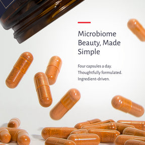 Gut to Glow capsules pouring from the jar: Microbiome Beauty, Made Simple