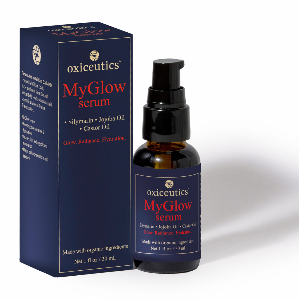 MyGlow serum box and amber pump bottle