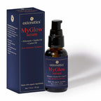MyGlow serum box and amber pump bottle