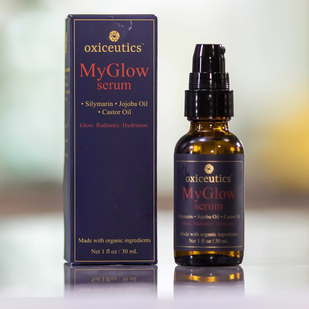 MyGlow serum box and bottle on a glossy surface