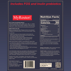 MyReuteri Starter back panel with Nutrition Facts, directions and ingredients