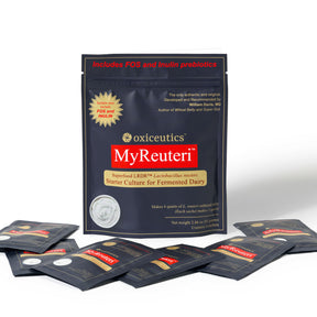 MyReuteri Starter pouch with single-serve sachets laid out in front